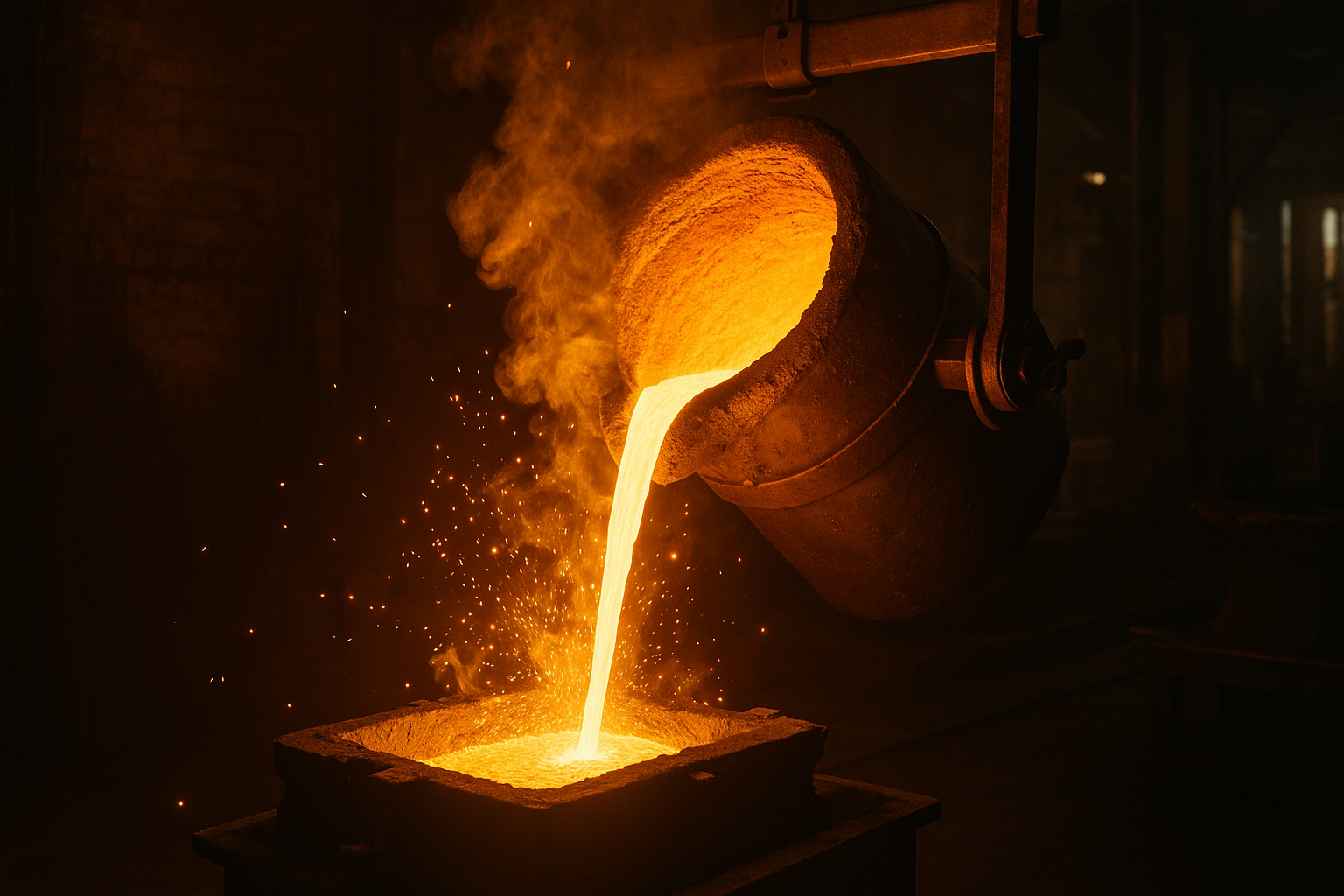 A background image of a foundry, showing sparks and molten metal.